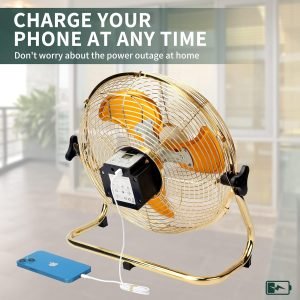 14 Inch Portable Golden All Metal Made Table Fan, Wireless Rechargeable Fan with Solar Panel Powered